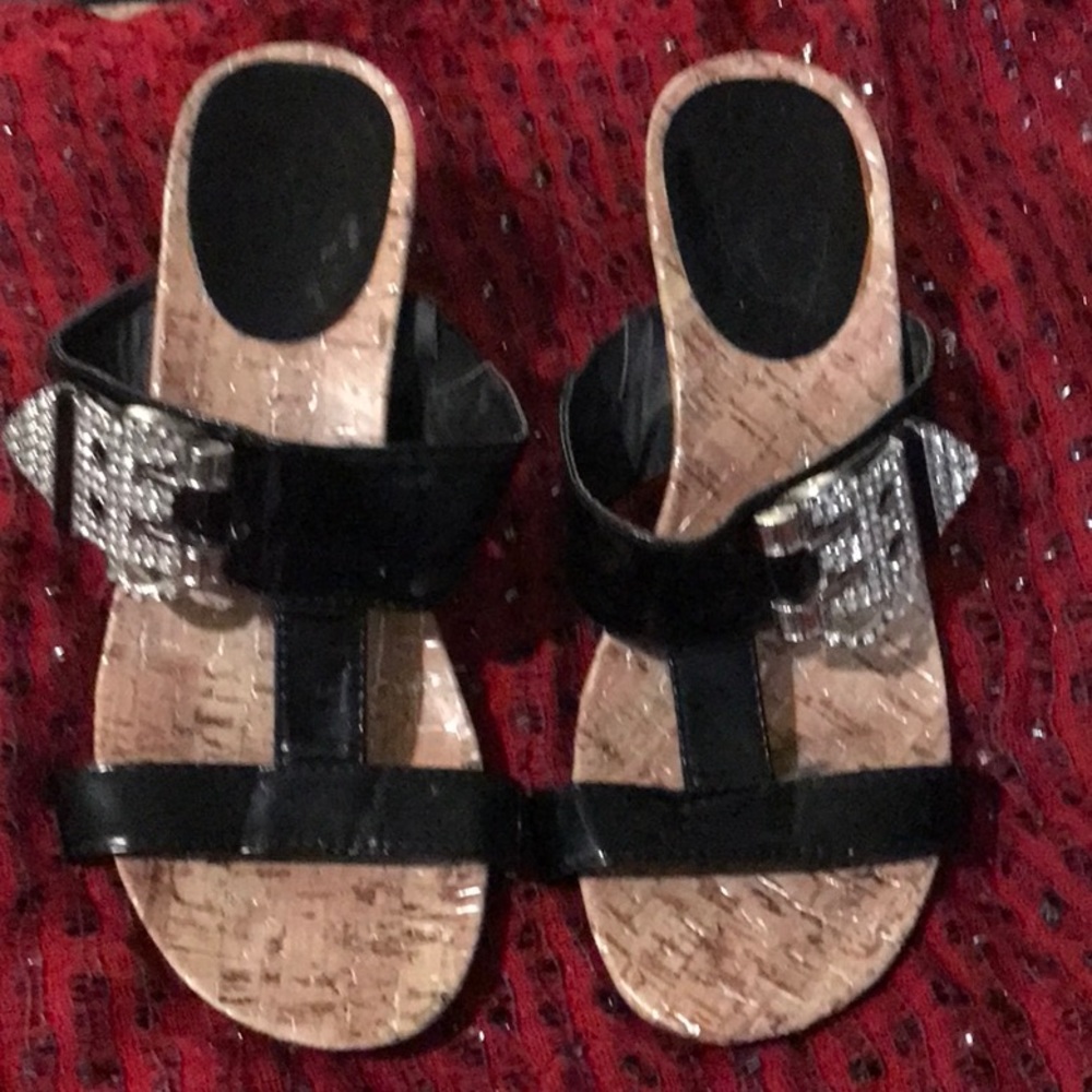 Cute wedge with black straps and silver crystal buckles!!   Size 6.5